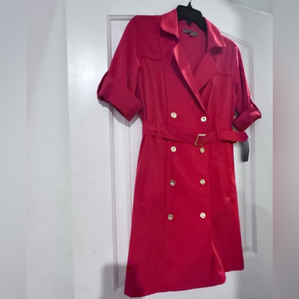 Sharagano Red Trench-Style Dress with Belt Detail